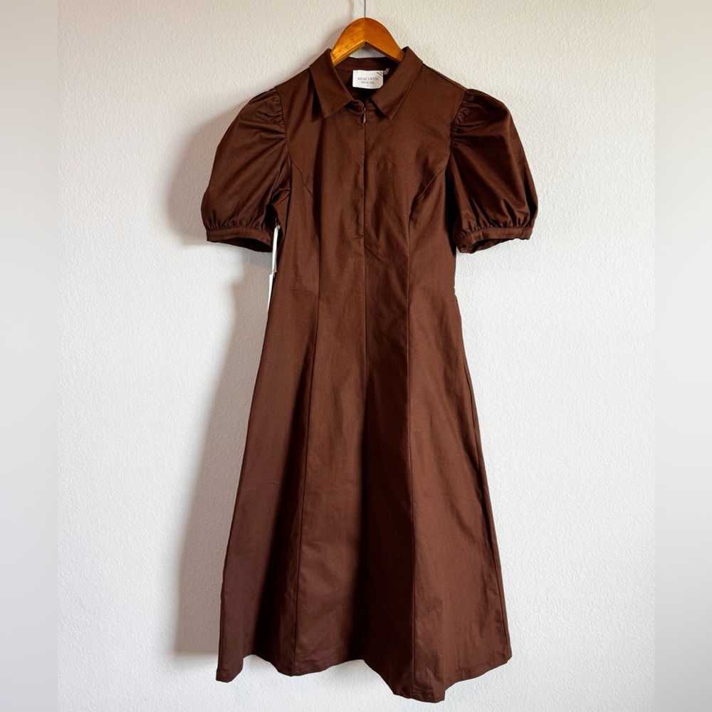 Tuckernuck Hyacinth House Chocolate Brown Puff Sleeve Denim Zip Midi Dress M - Picture 2 of 10